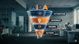 Infografis Funnel Konsep AIDA Pada Marketing Modern