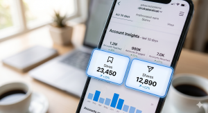 Dashboard analitik media sosial yang menunjukkan metrik Saves dan Shares