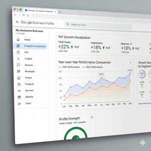 A professional business analytics dashboard showing a line graph comparison between two years of performance data, Year-over-Year growth visualization, clean modern interface, soft blue and orange lines, 4k high definition.