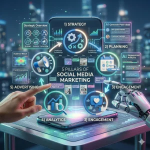 Ilustrasi integrasi kecerdasan buatan AI dalam manajemen sosial media marketing.