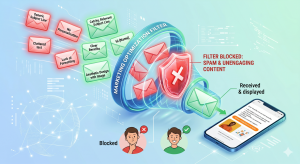 Ilustrasi visual filter spam email marketing dan desain responsif mobile
